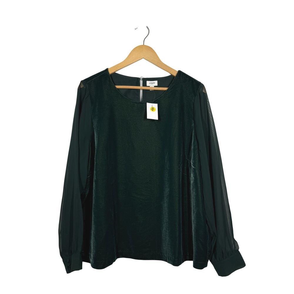 J.Crew Dark Green Velvet Sheer Puff Sleeve Top XXL CP102 Holiday Evening Blouse